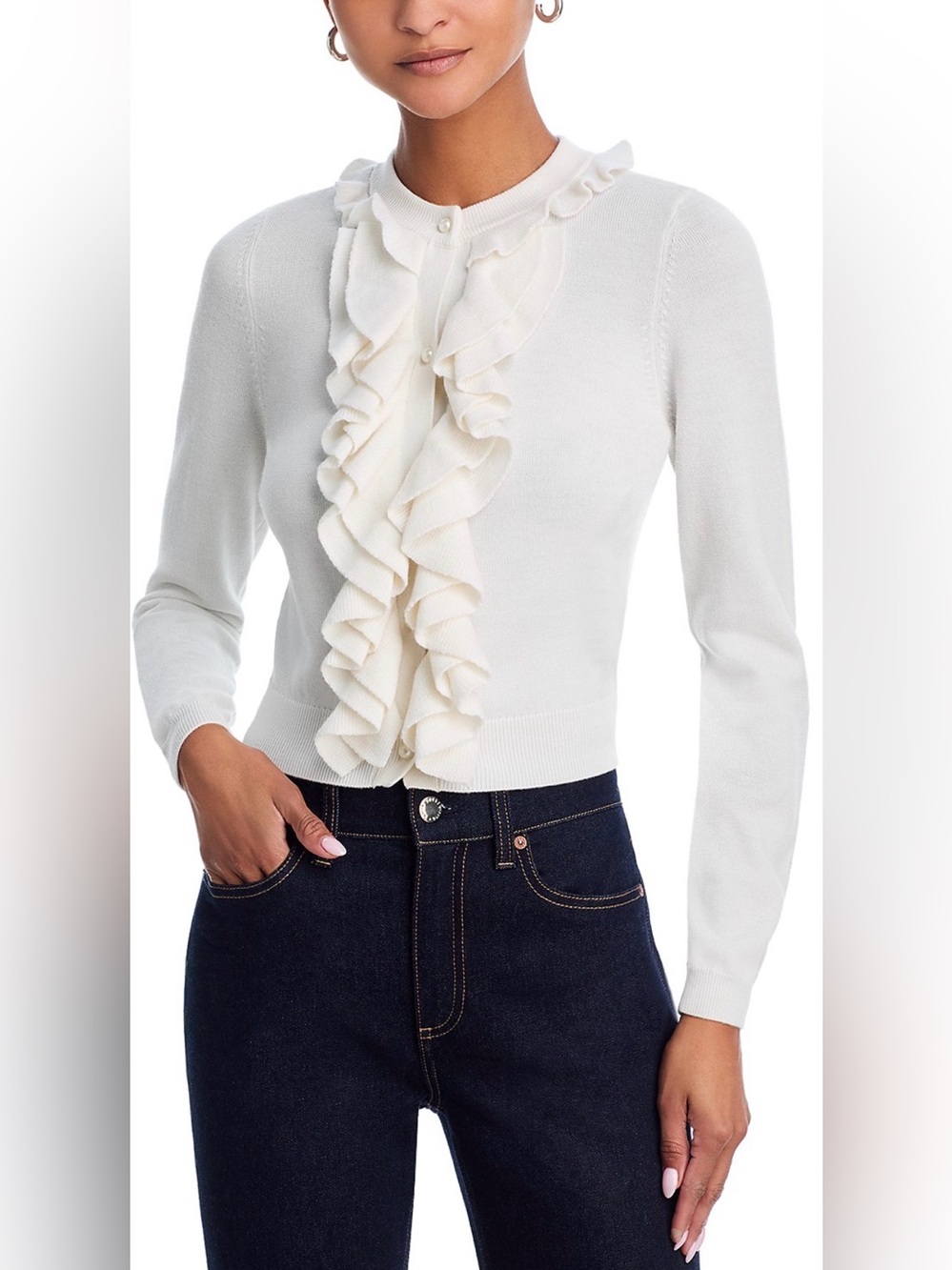 Alice + Olivia Dollie Ruffle Trim Cardigan in Soft White